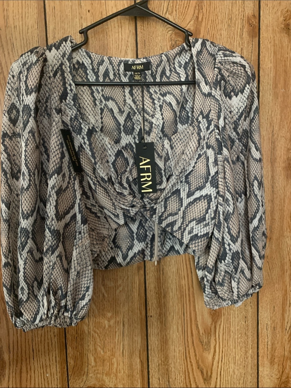 AFRM Snake-Print Cropped Blouse in Grey and Cream